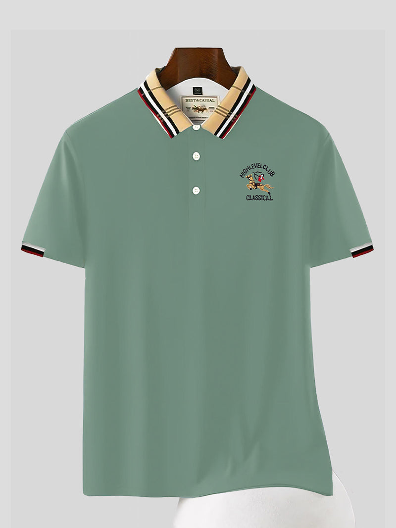 Green Color Classic Polo Shirt with Stylish Patterned Collar