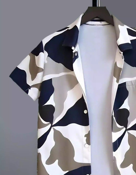 Navy Blue Tiles Printed Mens Full Set Trouser and Shirt Half Sleeves