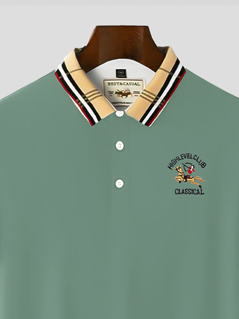 Green Color Classic Polo Shirt with Stylish Patterned Collar