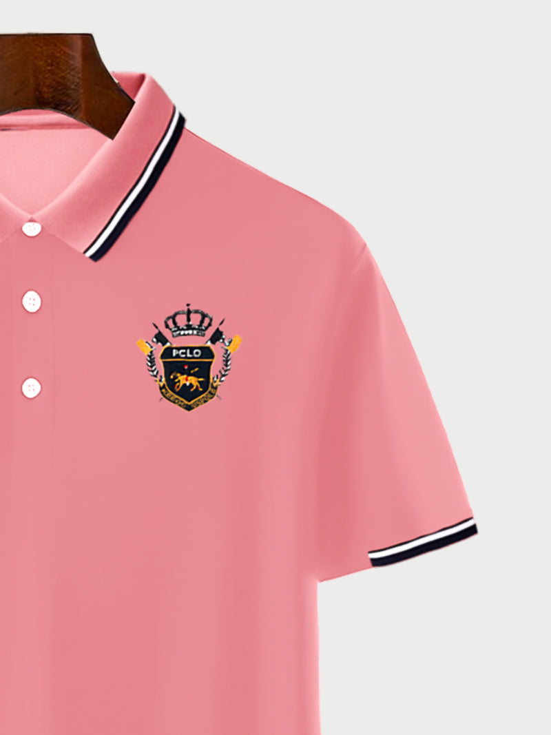 Pink Color Classic Polo Shirt with Stylish Patterned Collar