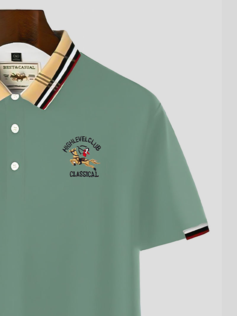 Green Color Classic Polo Shirt with Stylish Patterned Collar