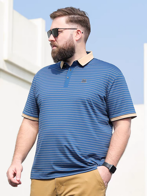 Blue Color Lining Classic Polo Shirt with Stylish Patterned Collar