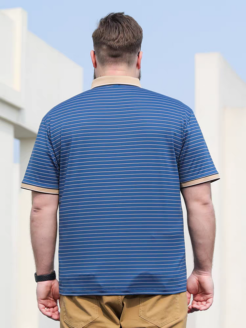 Blue Color Lining Classic Polo Shirt with Stylish Patterned Collar