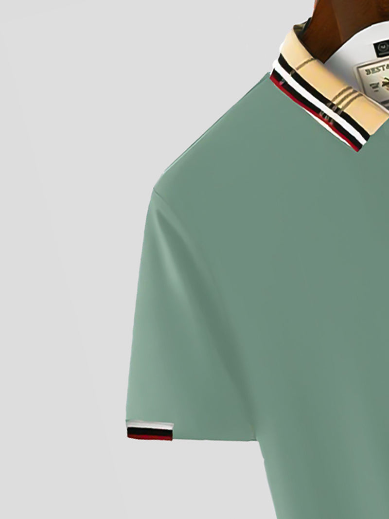 Green Color Classic Polo Shirt with Stylish Patterned Collar