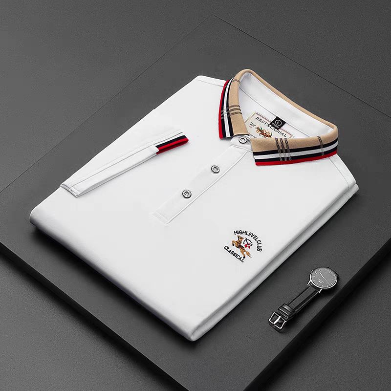White Color Classic Polo Shirt with Stylish Patterned Collar