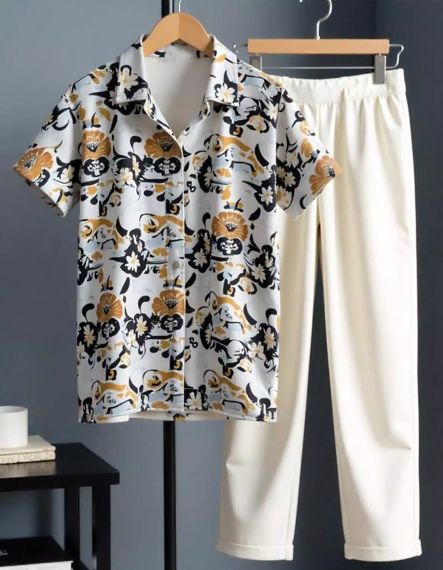 Cream Mandala Printed Mens Full Set Trouser and Shirt Half Sleeves