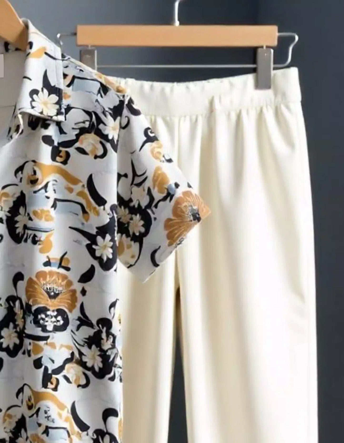 Cream Mandala Printed Mens Full Set Trouser and Shirt Half Sleeves