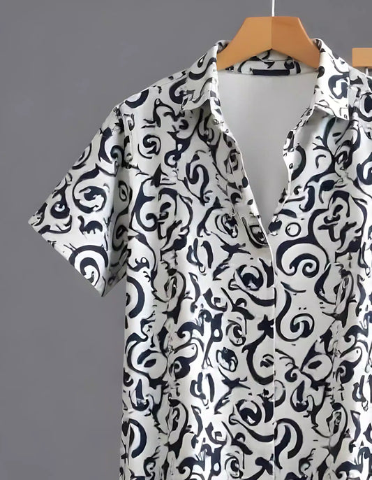 White Illusion Design Printed Mens Full Set Trouser and Shirt Half Sleeves