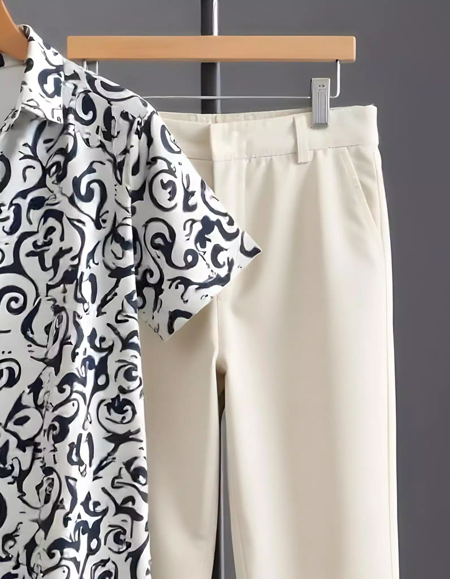 White Illusion Design Printed Mens Full Set Trouser and Shirt Half Sleeves