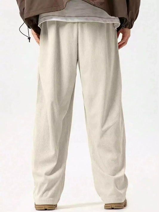 Cream Corduroy Loose Straight Leg Pants, Men'S Fashion Solid Color Sports Casual Trousers