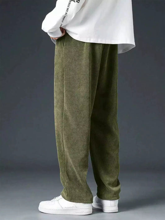 Green Corduroy Loose Straight Leg Pants, Men'S Fashion Solid Color Sports Casual Trousers