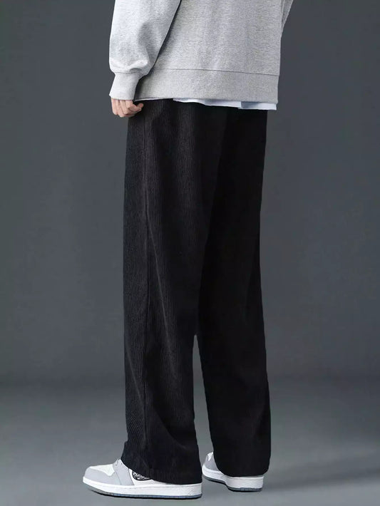 Mate Black Corduroy Loose Straight Leg Pants, Men'S Fashion Solid Color Sports Casual Trousers