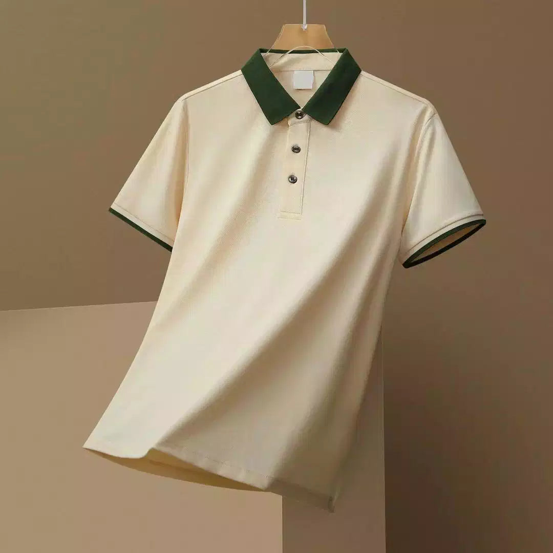 Cream Color Plain Classic Polo Shirt with Stylish Patterned Collar
