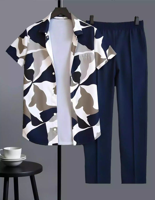 Navy Blue Tiles Printed Mens Full Set Trouser and Shirt Half Sleeves