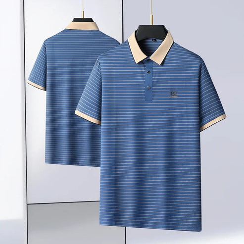 Blue Color Lining Classic Polo Shirt with Stylish Patterned Collar
