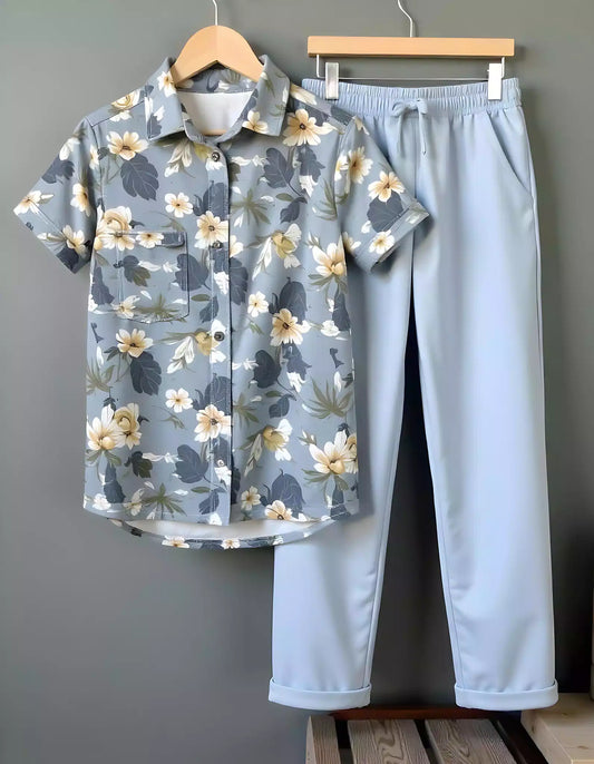 Blue Lily Design Printed Mens Full Set Trouser and Shirt Half Sleeves