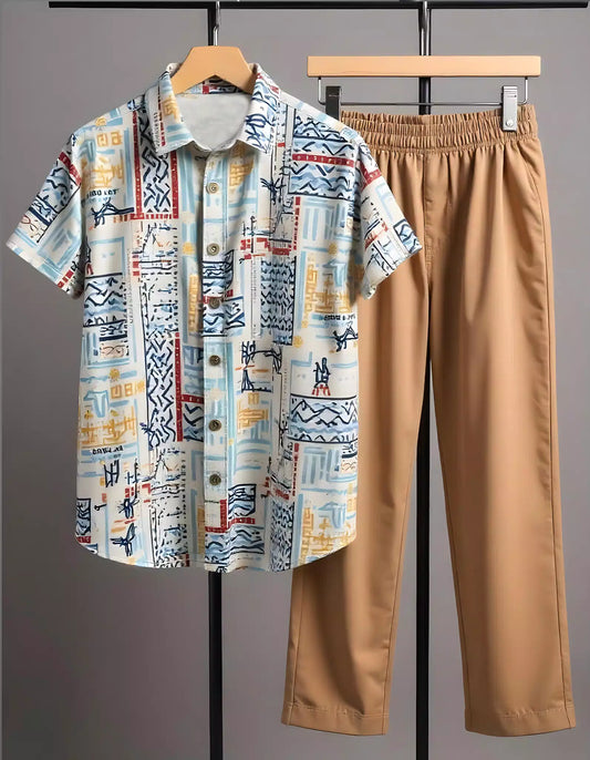 Brown Graffitty Printed Mens Full Set Trouser and Shirt Half Sleeves