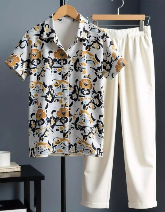 Cream Mandala Printed Mens Full Set Trouser and Shirt Half Sleeves