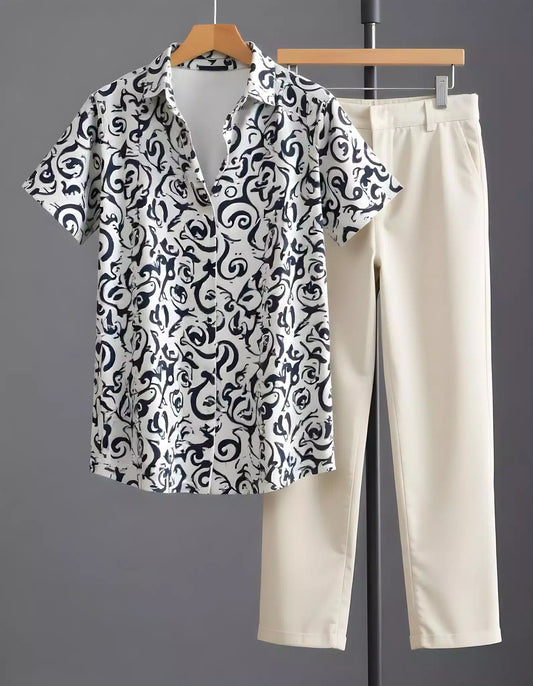 White Illusion Design Printed Mens Full Set Trouser and Shirt Half Sleeves