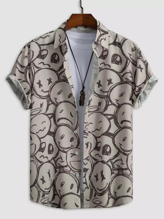 Gray and White Emoji Design Beach and casual Multicolor Printed Shirt Cotton Material Half Sleeves Mens koreanclub.in