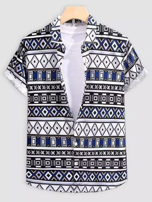 Mix Pattern Dark Blue Beach and casual Multicolor Printed Shirt Cotton Material Half Sleeves Mens koreanclub.in