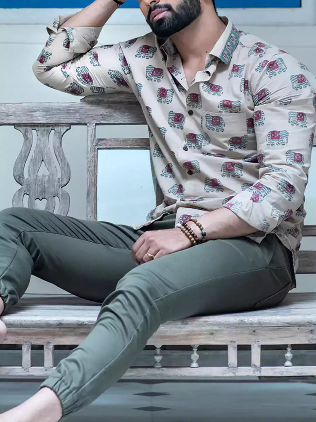 Elephant Print MultiColor Men's Cotton Casual Shirt Half Sleeve available on koreanclub.in