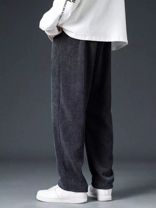 Black Corduroy Loose Straight Leg Pants, Men'S Fashion Solid Color Sports Casual Trousers