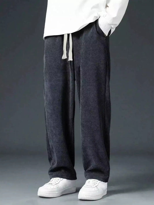 Black Corduroy Loose Straight Leg Pants, Men'S Fashion Solid Color Sports Casual Trousers