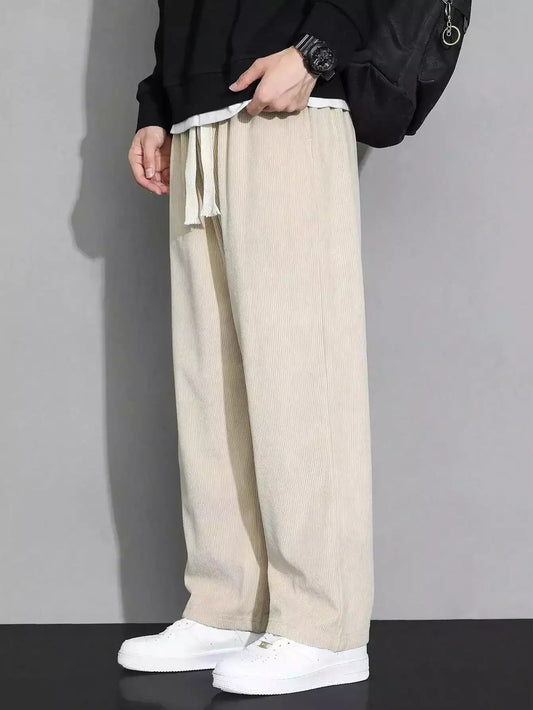 Cream Corduroy Loose Straight Leg Pants, Men'S Fashion Solid Color Sports Casual Trousers