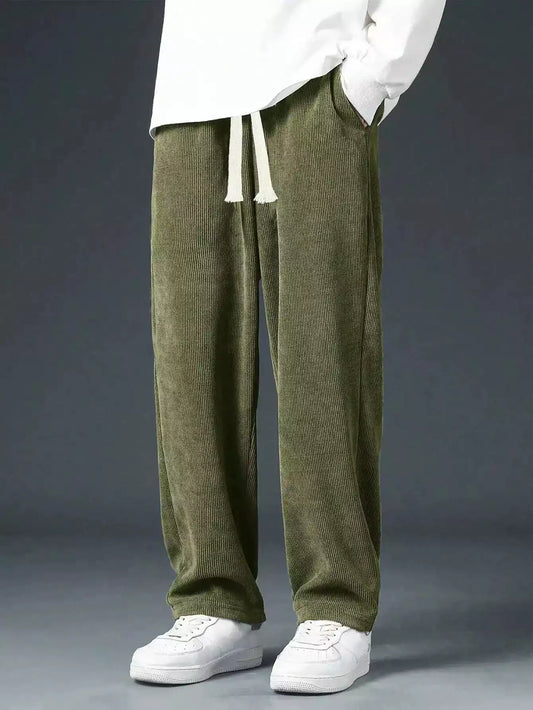 Green Corduroy Loose Straight Leg Pants, Men'S Fashion Solid Color Sports Casual Trousers
