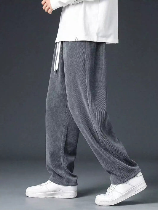 Grey Corduroy Loose Straight Leg Pants, Men'S Fashion Solid Color Sports Casual Trousers