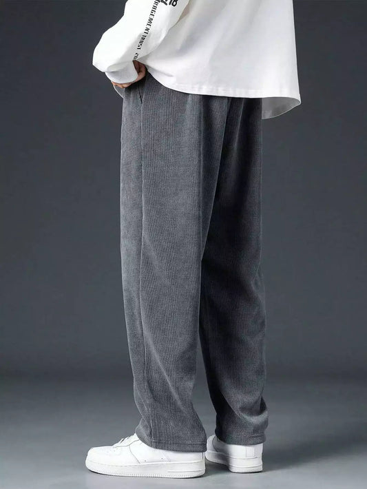 Grey Corduroy Loose Straight Leg Pants, Men'S Fashion Solid Color Sports Casual Trousers