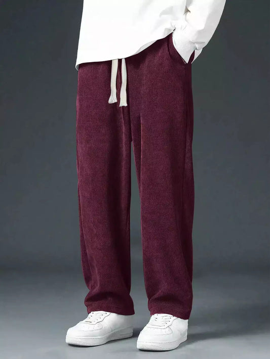 Maroon Corduroy Loose Straight Leg Pants, Men'S Fashion Solid Color Sports Casual Trousers