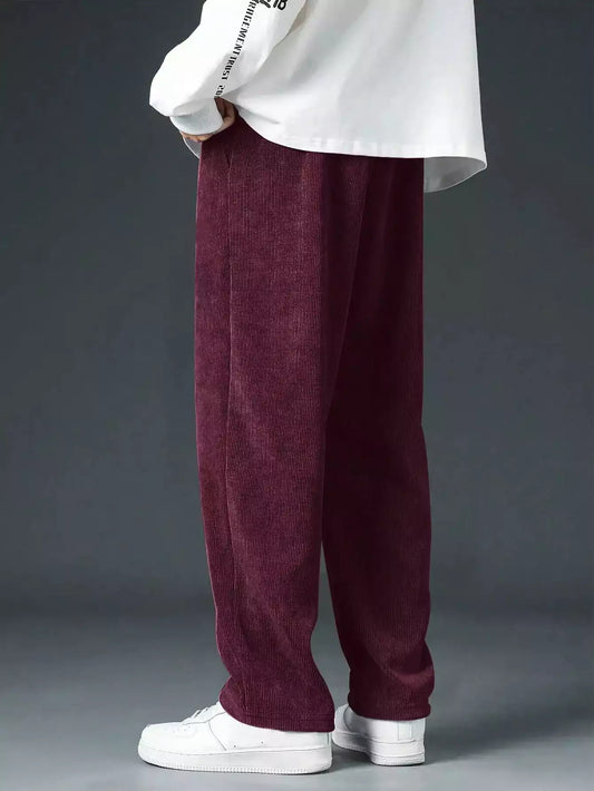 Maroon Corduroy Loose Straight Leg Pants, Men'S Fashion Solid Color Sports Casual Trousers