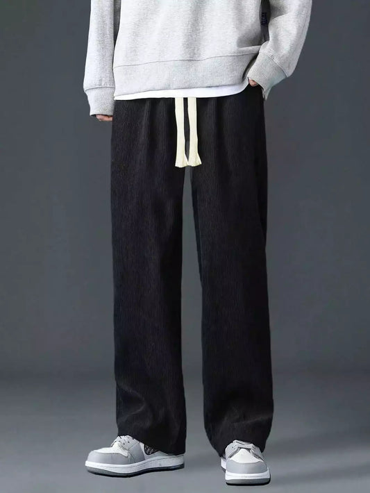 Mate Black Corduroy Loose Straight Leg Pants, Men'S Fashion Solid Color Sports Casual Trousers